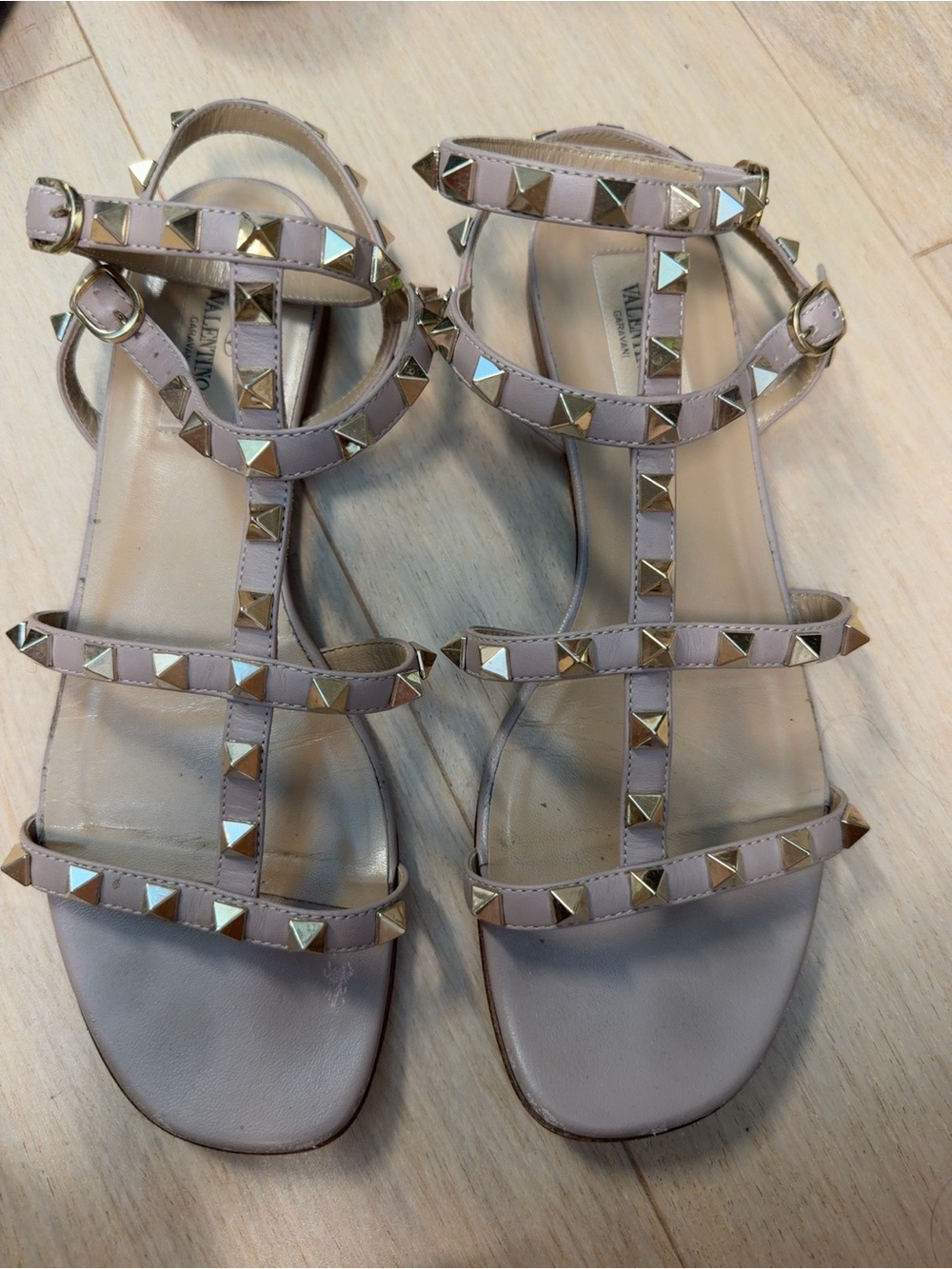 Valentino Garavani Nude Pink Rockstud T-Strap Sandals